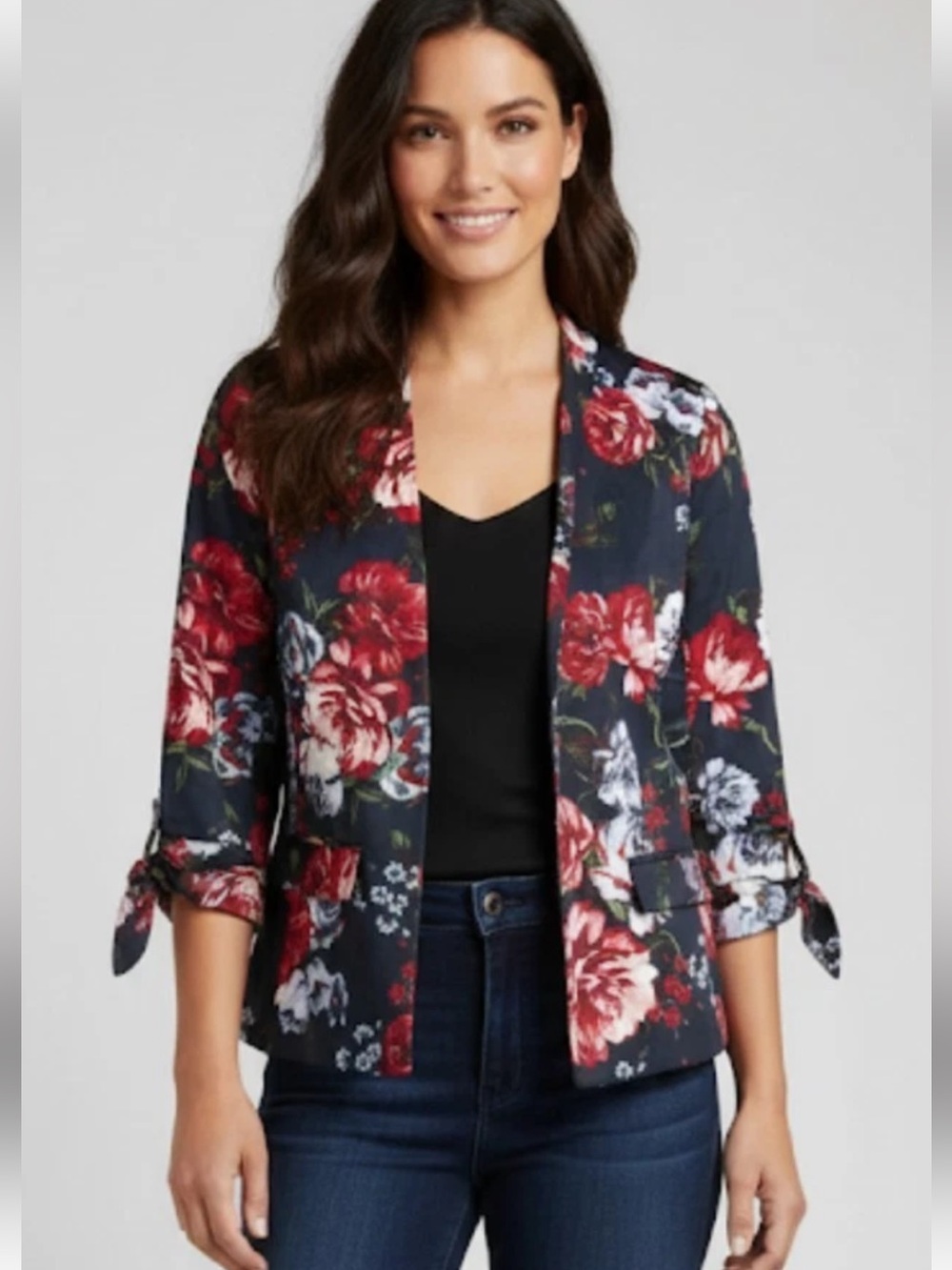 LOFT Navy Floral Blazer with Red and White Blooms